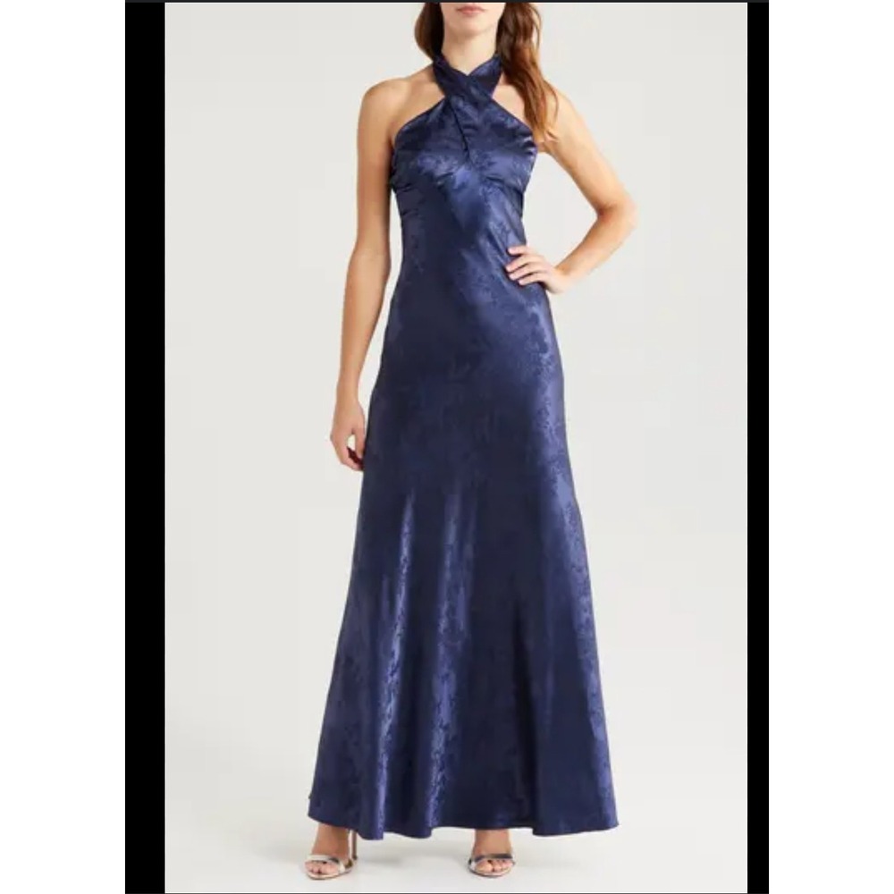 New Lulus Classy Personality Floral Jacquard Navy Blue Satin Maxi Halter Dress M